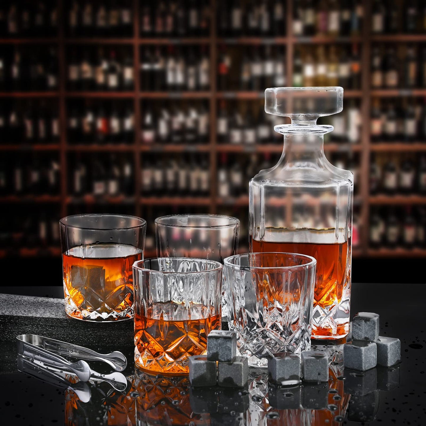 Cieex Whiskey Decanter Set, 750ml decanter with 4 x 220ml whiskey glasses, 12 stones, beautiful gift box. Father's Day gift for men. Transparent.