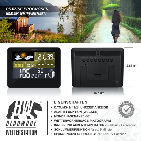 CSL wireless weather station with color display incl. outdoor sensor, DCF reception signal radio clock, indoor and outdoor temperature, weather forecast icons and more. LCD display.