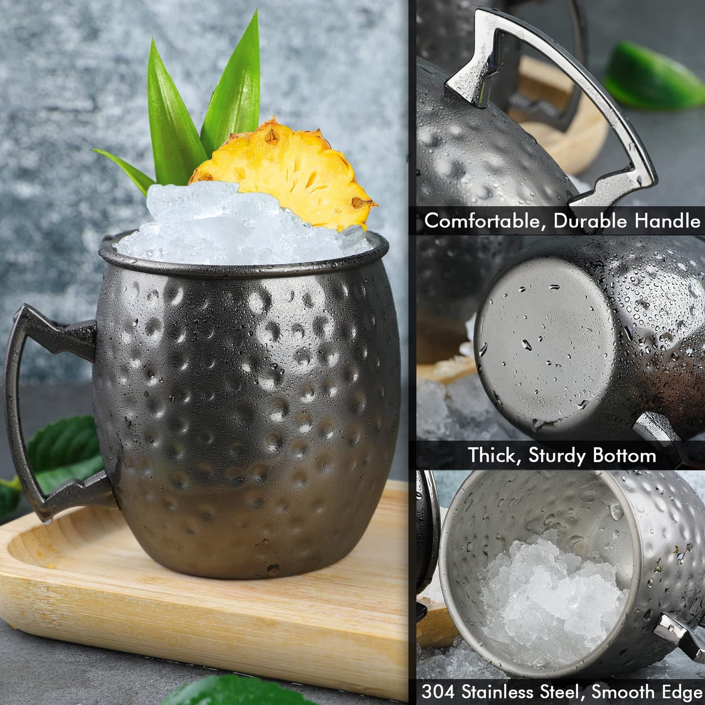 Set of 4 black Moscow Mule cups, 530ml, gunmetal black plated stainless steel, double jigger, chilled drinks, cocktail cups, drinkware with gift box.