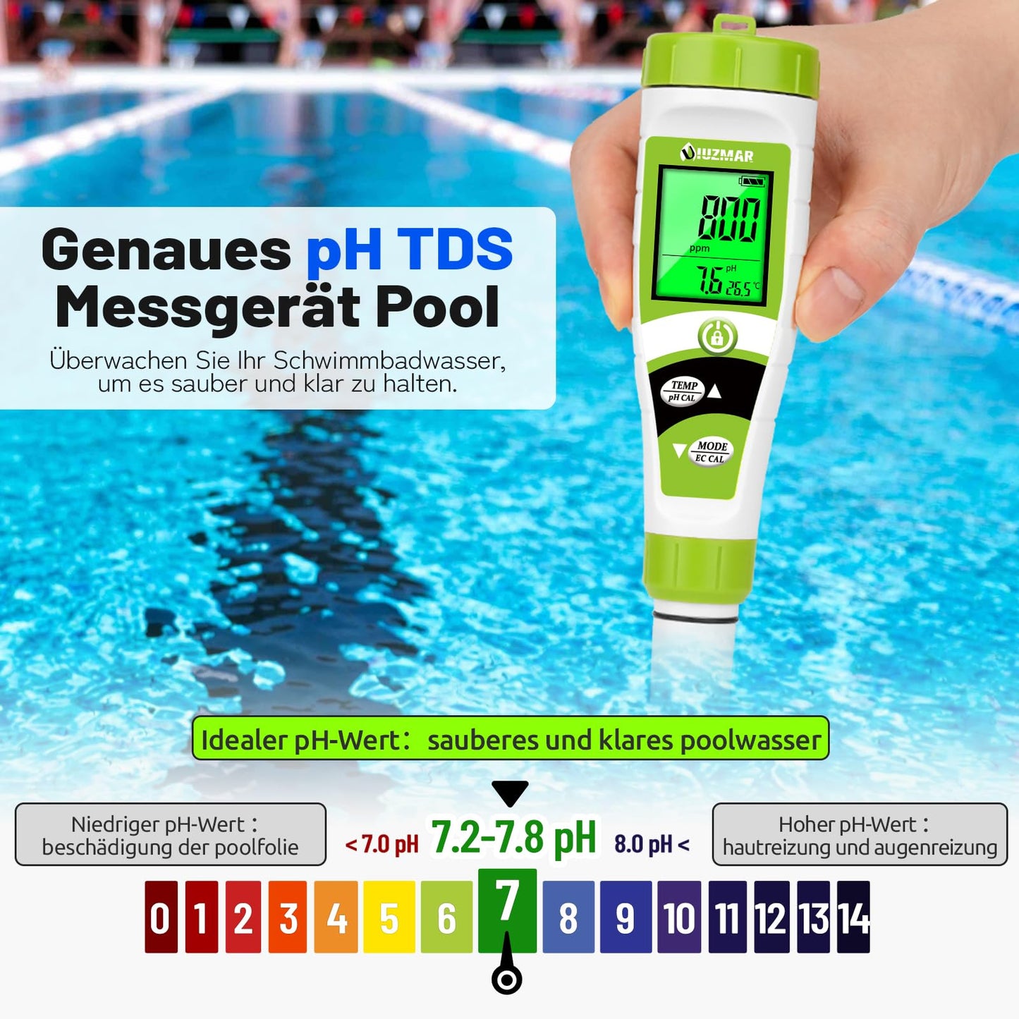 UIUZMAR Pool pH Meter Water, pH EC Meter Grow, Digital pH EC PPM Temperature Tester with pH 7.0 Calibration Solution for Pool, Hot Tub, Hydroponics, Drinking Water, Aquarium, Beer Making