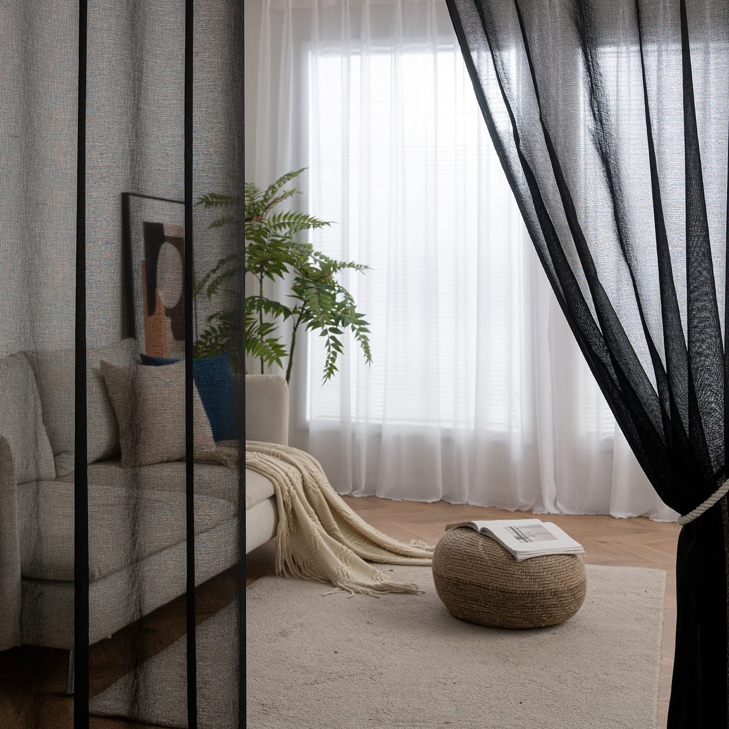 MIULEE 2-Pack Sheer Voile Curtain with Grommets, Transparent Curtain made of Voile Polyester for Living Room Airy Decor Curtain for Bedroom 140 X 260 cm (W x H), Grommet Top Black