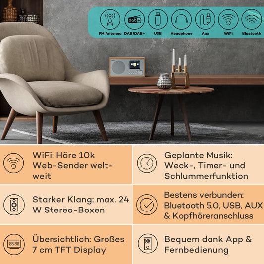 Auna radio, portable internet radio, DAB with Bluetooth, DAB/DAB+/FM with stereo speakers, kitchen radio with HCC display, small digital radio, DAB Plus radio with remote control.