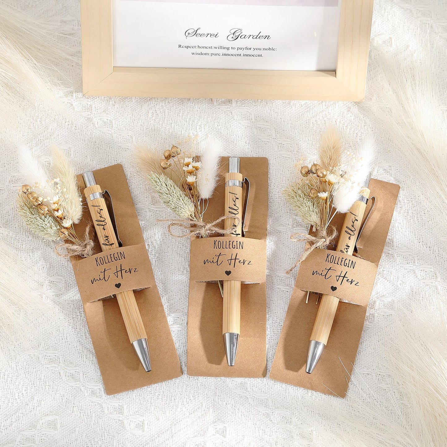 Hestya 6 Sets of Colleague with Heart Gifts Include 6 Engraved Wooden Pens, 6 Real Dried Flower Bouquets, 6 Paper Pen Holders for Farewell Gifts for Teacher, Colleagues, Friends.