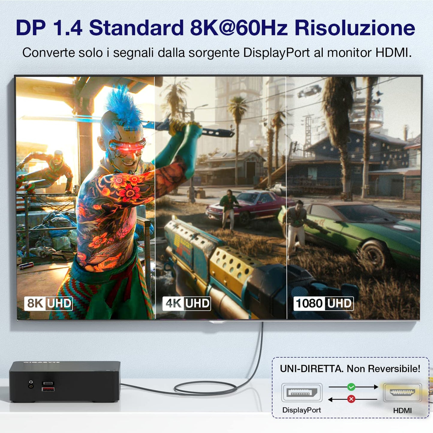8K@60Hz DisplayPort to HDMI cable, 3M, DP 1.4a to HDMI 2.1 video cable, supports 8K, 4K@120Hz/144Hz, 2K@240Hz, HDR, Dolby Vision, HDCP 2.3, DSC 1.2a for PC, HP, ASUS, DELL, AMD, NVIDIA.