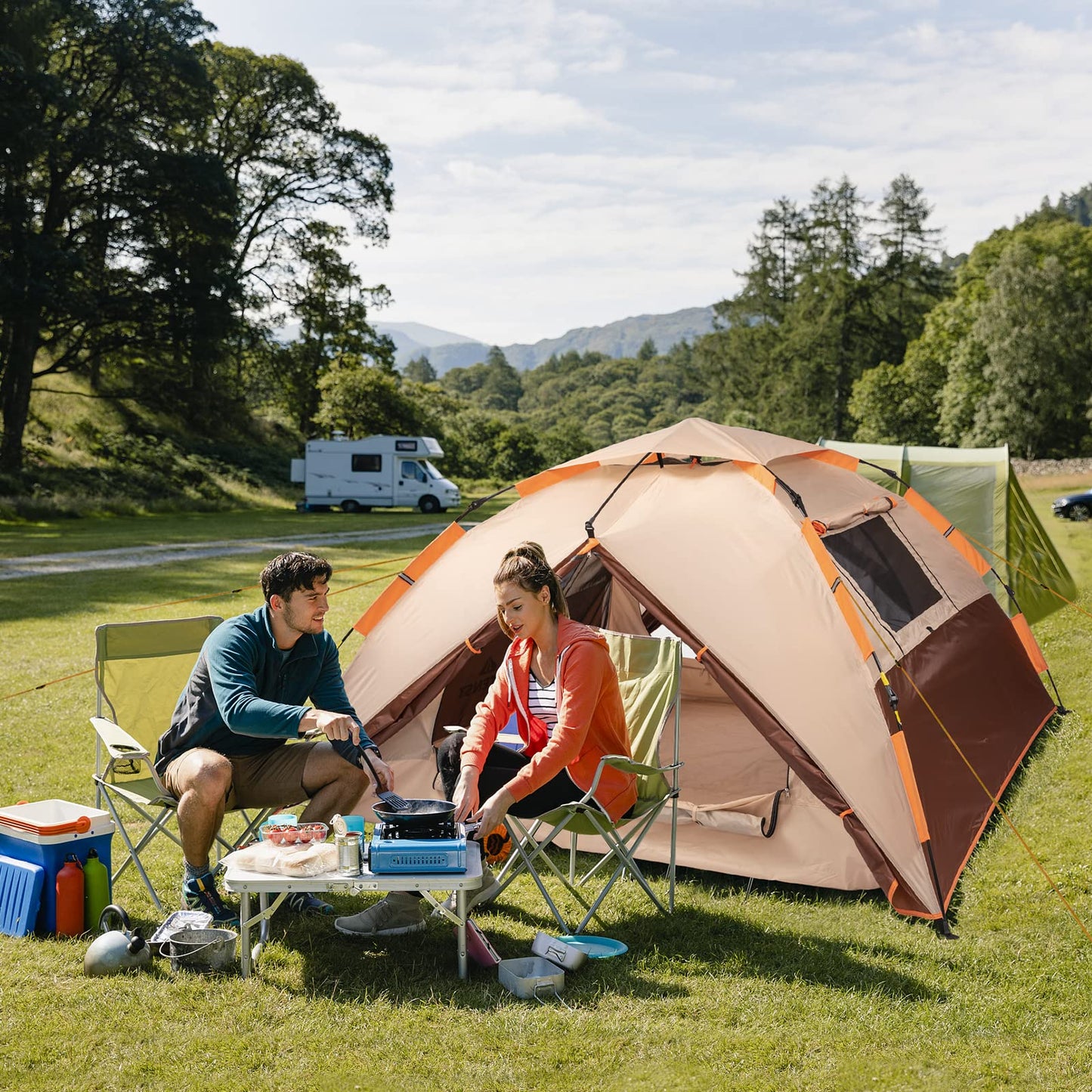 Prayset camping tent, pop-up tent for 3 persons, family dome tent waterproof, windproof with 2 mesh doors, 2 mesh windows, 2 in 1 double layers, carry bag for camping, hiking, backpacking.