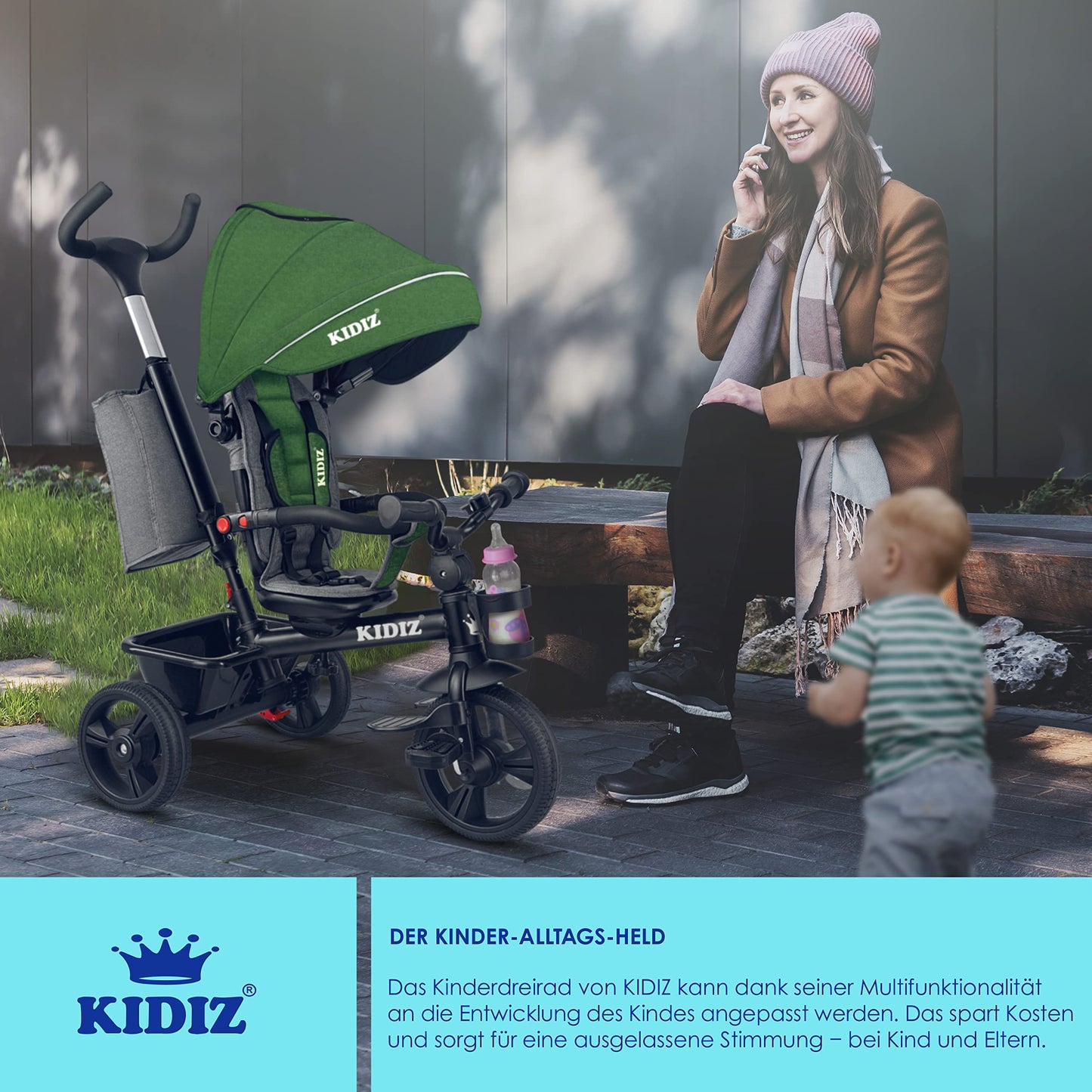 KIDIZ® 6in1 tricycle for kids with handlebar, suitable from 9 months up to 25kg. Jogger with forward & reverse drive, basket, bag, cup holder, sun canopy, rubber wheels. Foldable in khaki color.