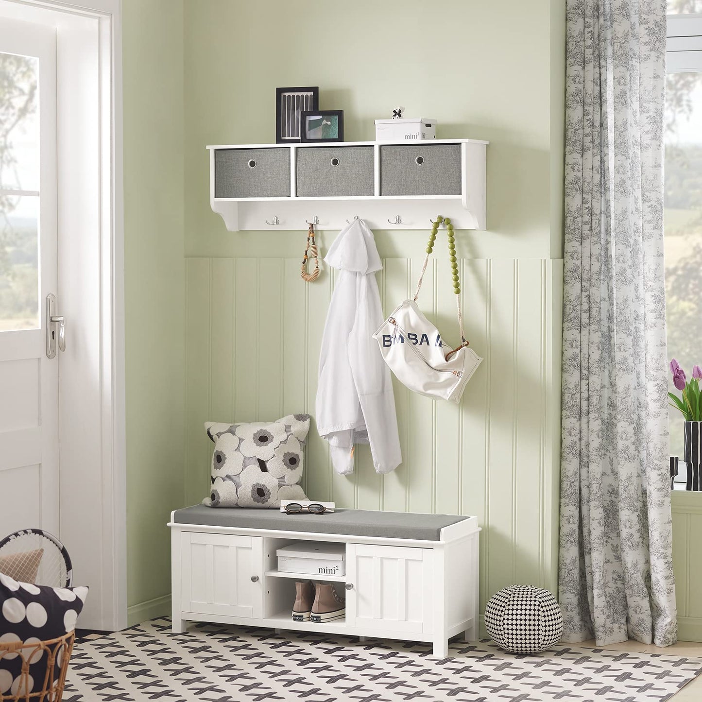 SoBuy wall coat rack hallway coat rack coat hooks wall shelf with 3 baskets and 5 hooks, wardrobe rail, hanging shelf for hallway, bedroom, bathroom, white dimensions approx. 100x31x20cm, FRG282-W