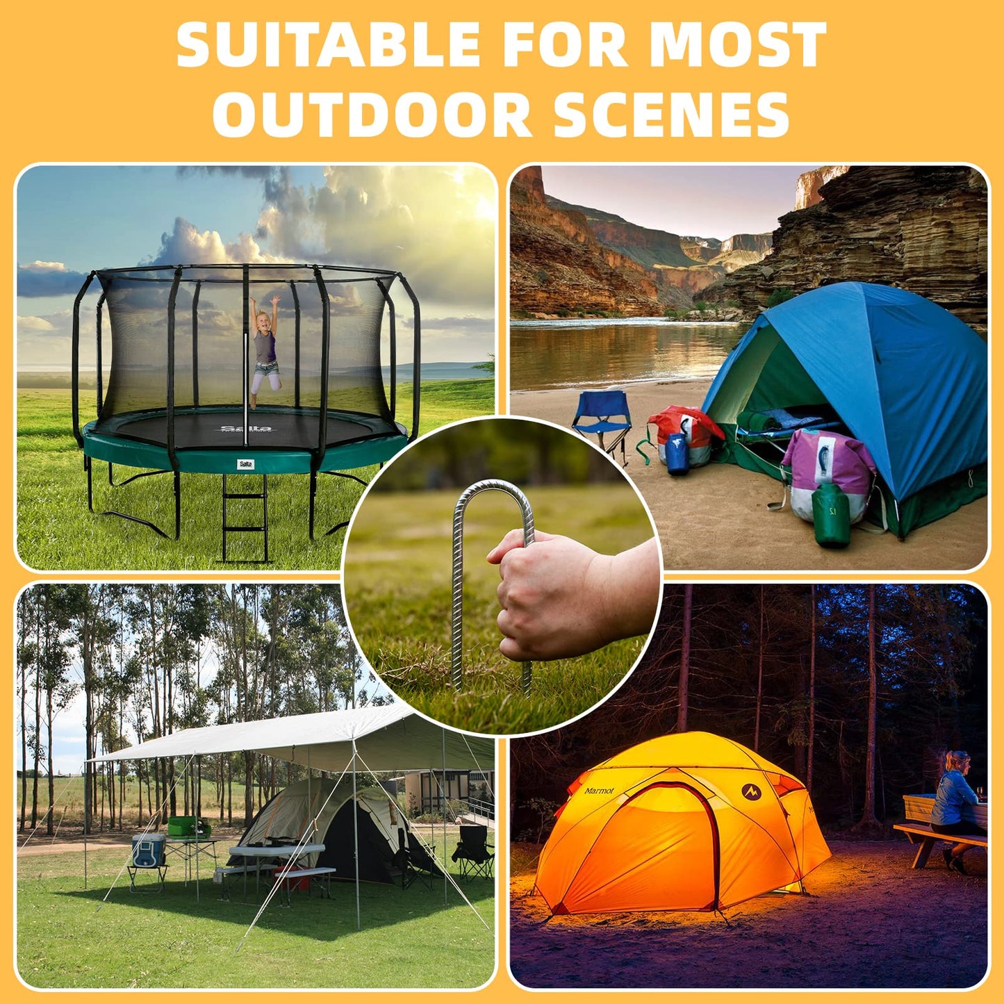 Ground anchor for trampoline, heavy duty metal 32cm ground stakes with U-shape design, galvanized steel pegs with chisel tip end, perfect for securing tents and trampolines (6 Pack, Silver U-shaped).