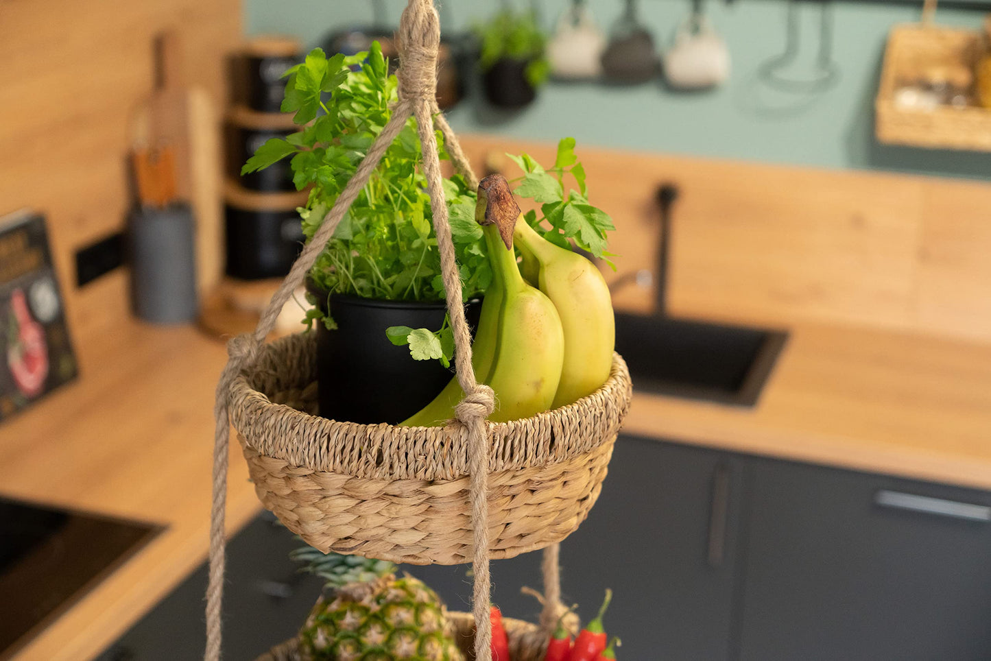 Decorasian Hanging Fruit Basket, Large 3-tiered stand made of water hyacinth - Fruit rack for storing fruits and vegetables - Hanging basket - 34cm