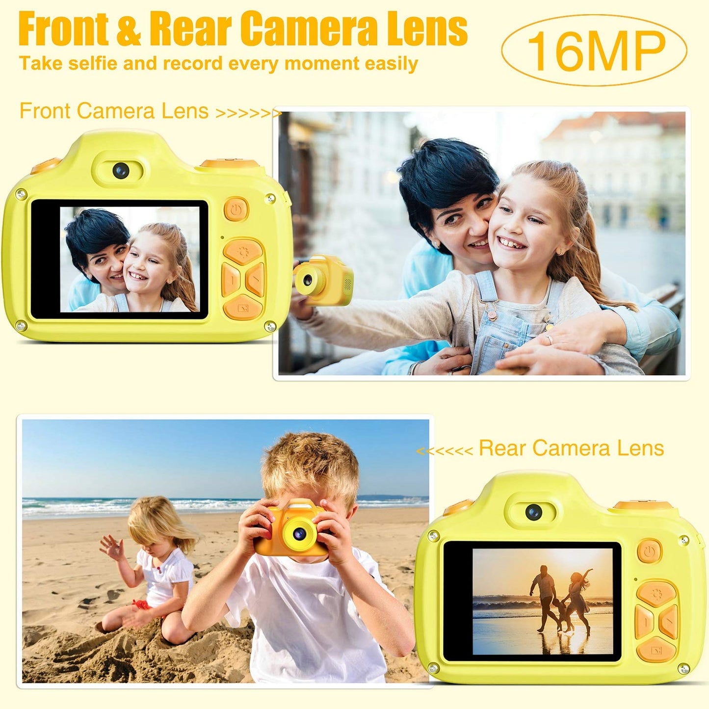 Kriogor Kids Camera, Digital Photo Camera Selfie and Video Camera with 16 MP/Dual Lens/2 Inch Screen/1080P HD/32G TF Card/9x Digital Zoom, Birthday Gift for Kids (Yellow)