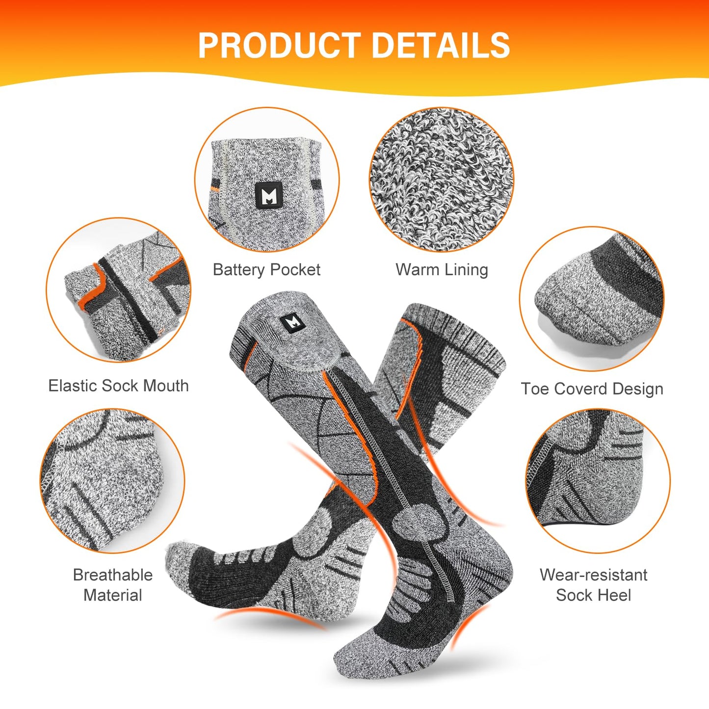MRAWARM Heated Socks, 6000mAh Rechargeable Battery Electric Heated Socks for Men Women, 3 Heat Levels Winter Cotton Socks for Outdoor Sports.