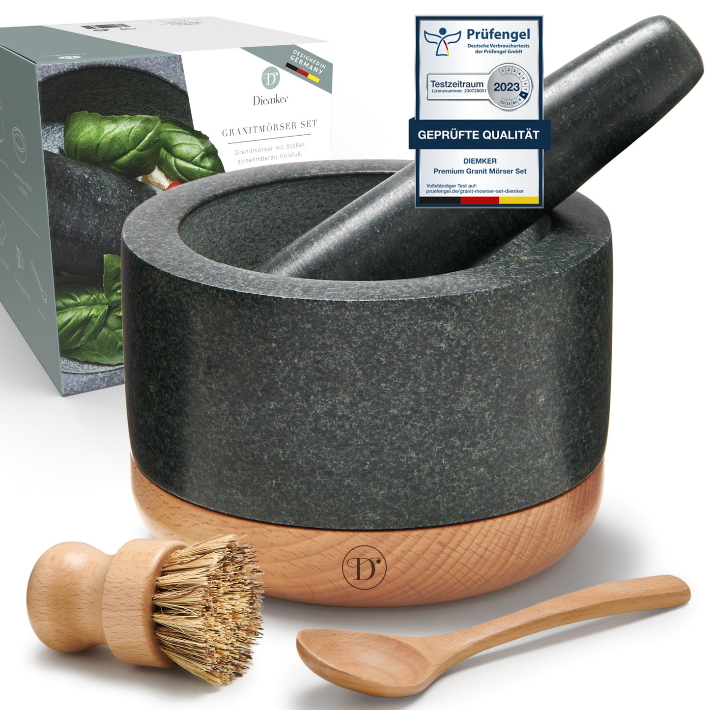 Diemker Premium Granite Mortar and Pestle Set, Γ 14 cm, removable wooden base, wooden spoon, and cleaning brush included. Perfect for grinding spices, nuts, making pesto, and as a grilling accessory.