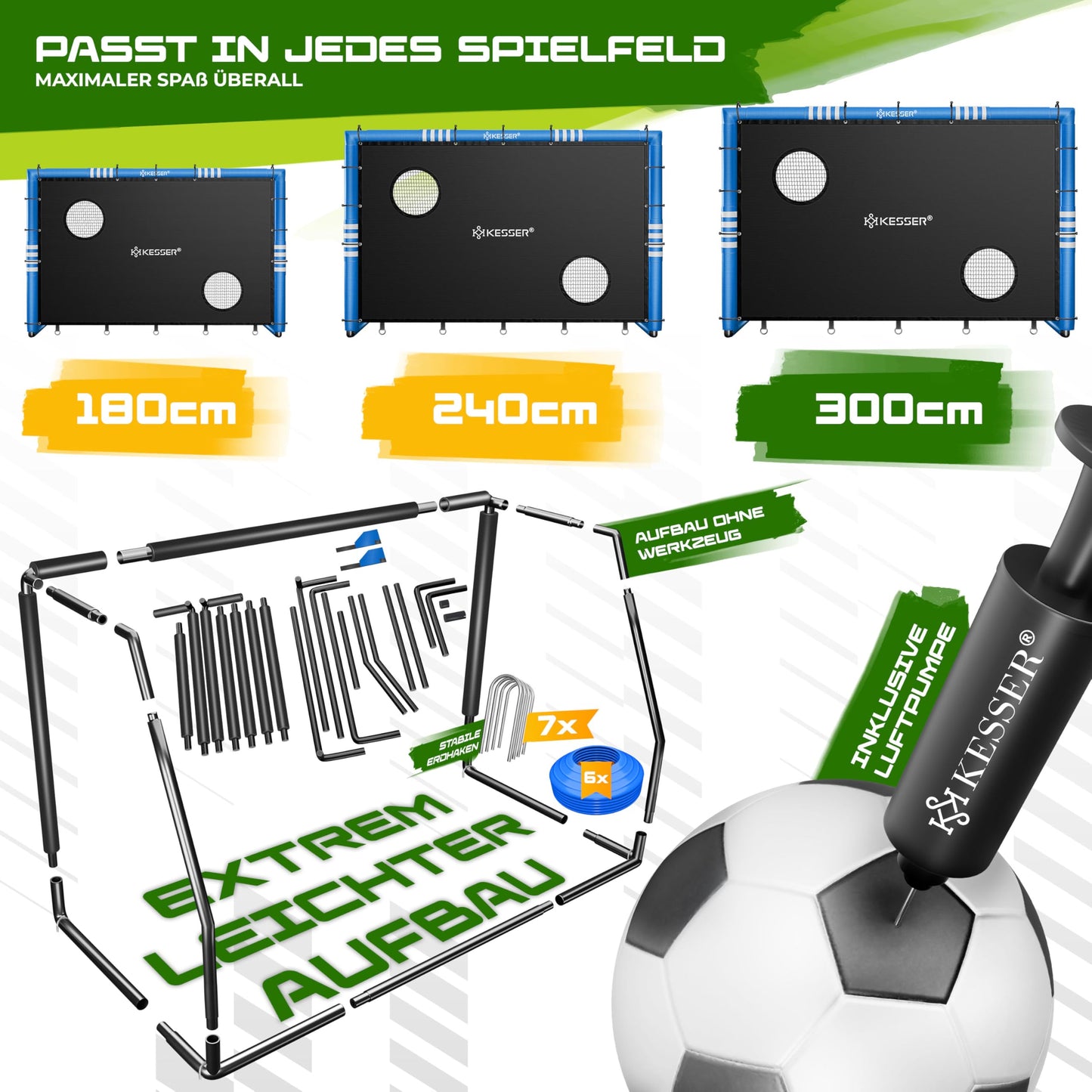 KESSER® Soccer Goal - High-quality soccer goal 240cm with target wall, shooting training UV-resistant net, steel frame with padding, ground stakes, air pump, cones, assembly accessories for kids and adults.
