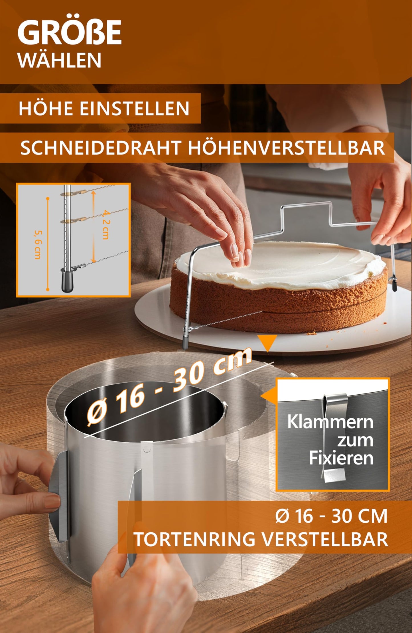 4smile Cake Accessory Set 2 pieces - adjustable cake ring height 8.5 cm + cake cutter - stainless steel baking accessory, functional baking set for baking and cake preparation.