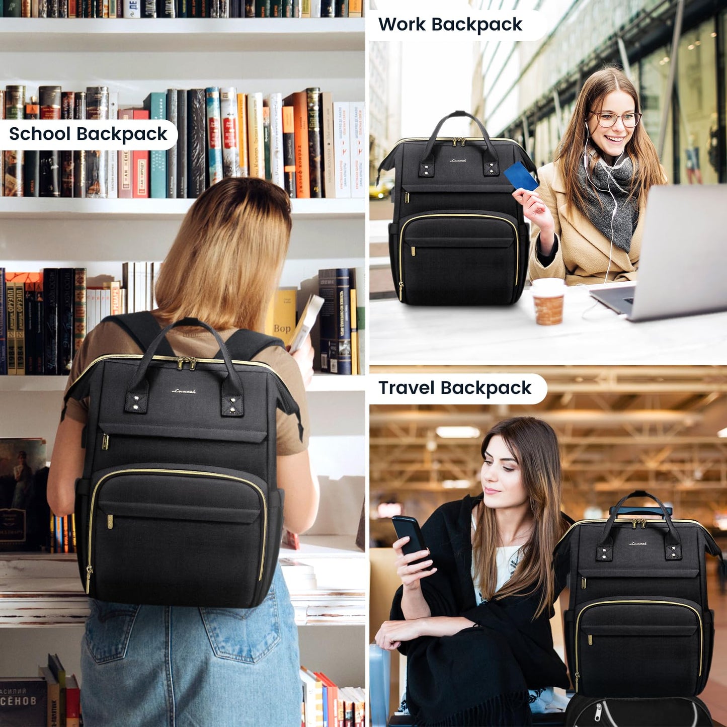 LOVEVOOK backpack for women, waterproof 17 inch laptop backpack, large school bag, backpack for women, school backpack for teenagers, girls' daypack for school, work, and travel in black.