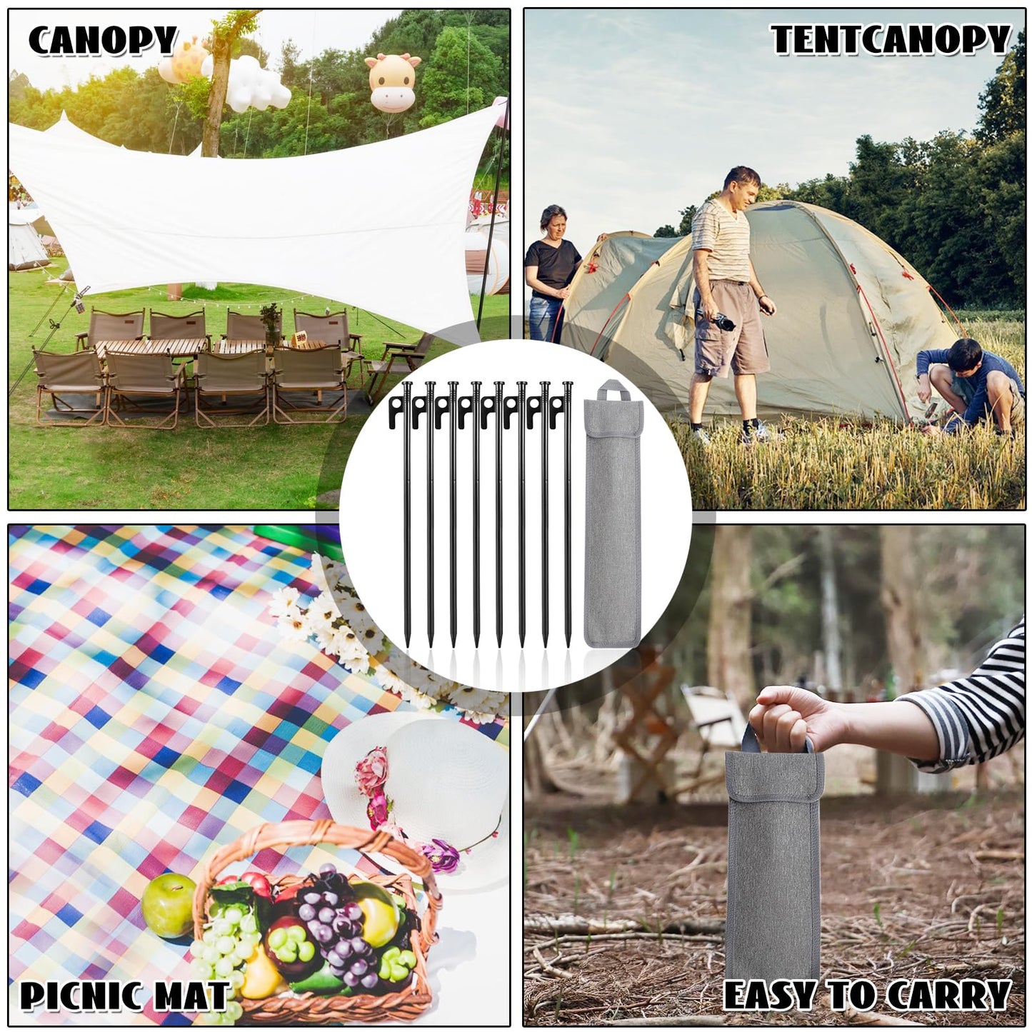goldmiky Tent Pegs Steel Ground Stakes, 30cm Stable Camping Tent Pegs, Long and Stable Ground Stakes for Camping, with Hooks and Holes for Camping and Outdoor Hiking