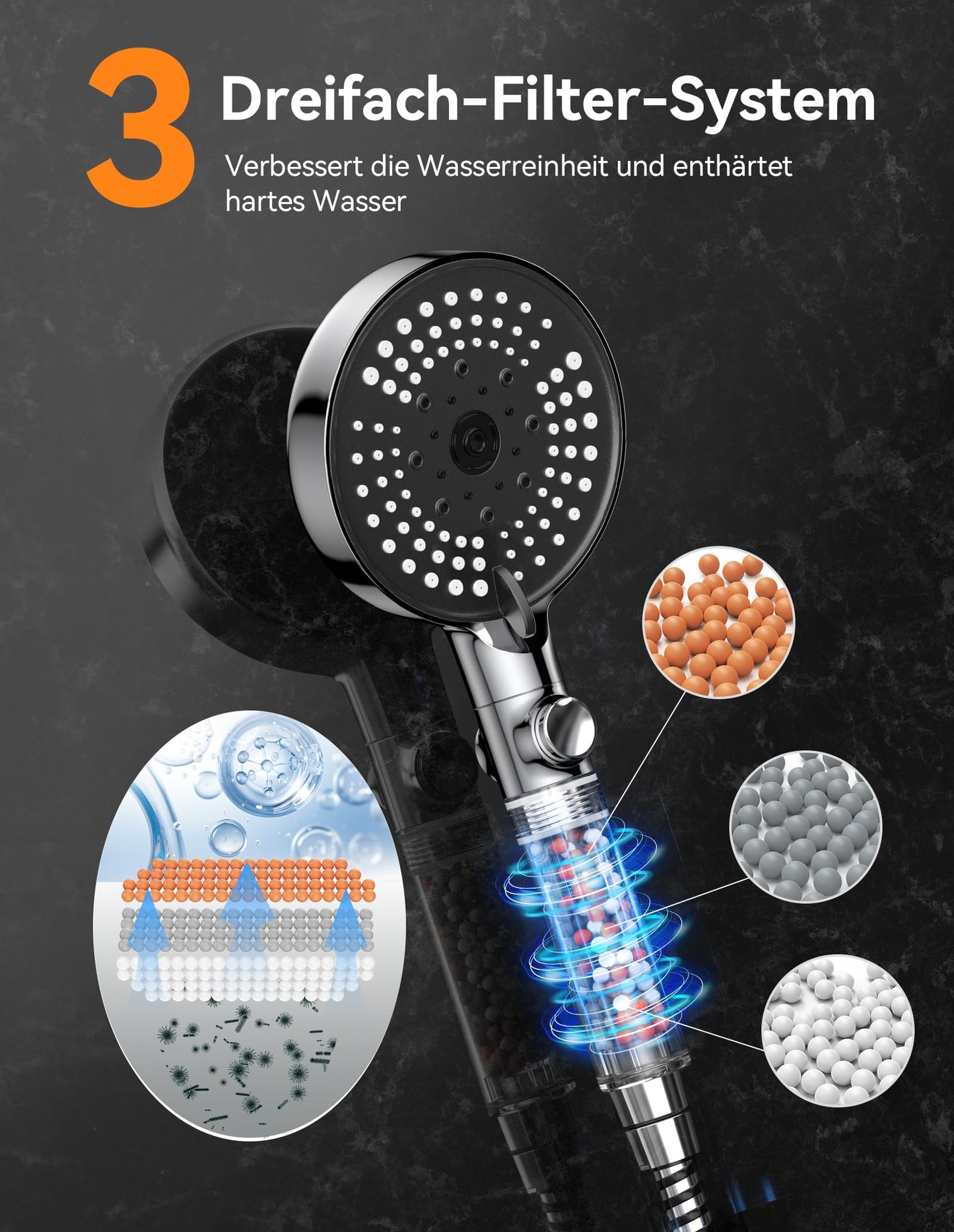 VOXON Shower Head with Hose 1.5M, Water Saving Shower Head with Filter and 6 Spray Modes & Stop Function, Handheld Shower Head with Hose Pressure Boosting with 3-Layer Filtration and Extra Stones