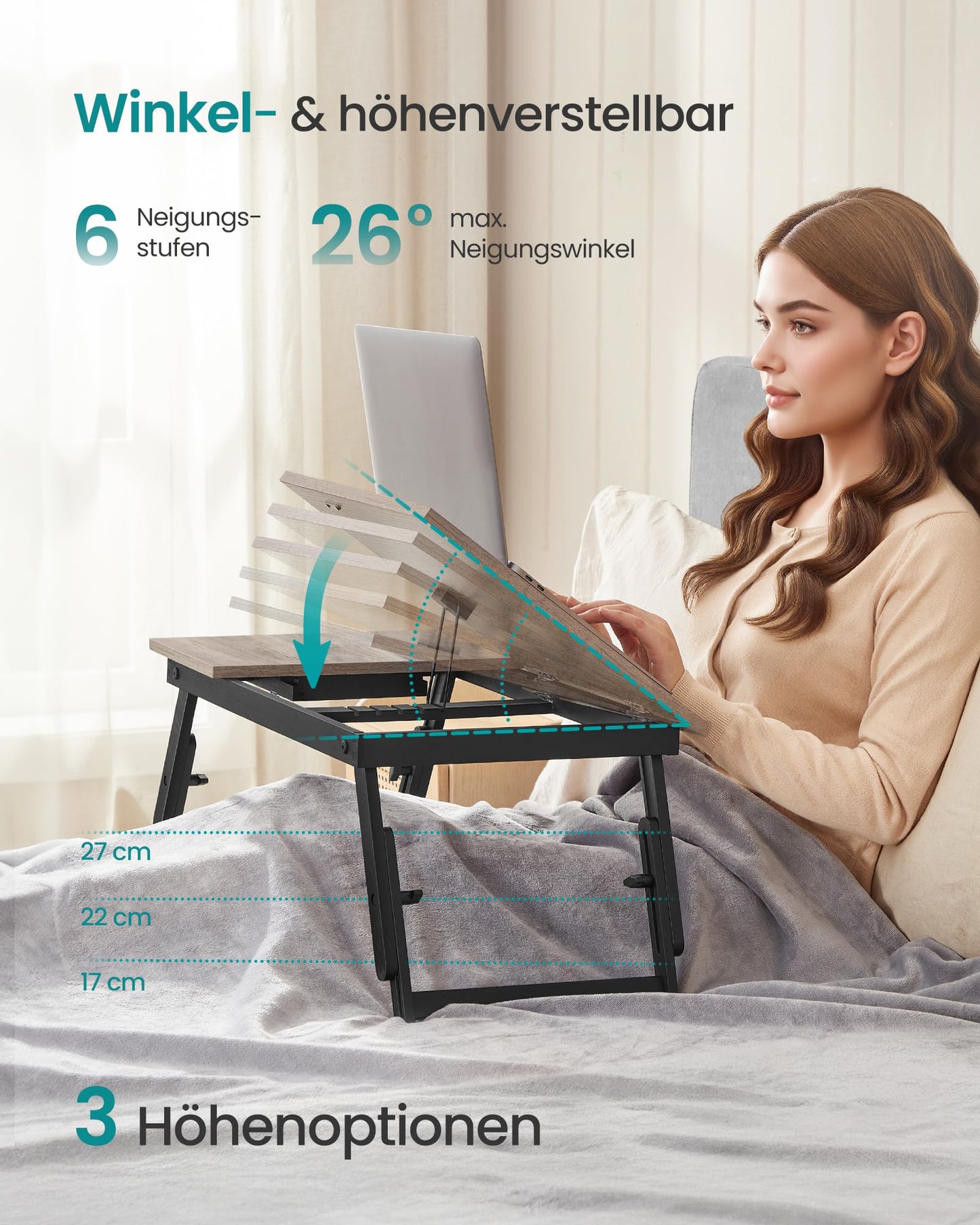 SONGMICS laptop table for bed, laptop stand, angle and height adjustable, foldable legs, for laptops up to 15.6 inches, work, read, have breakfast, bamboo legs, drawer, greige mottled LLD105W01