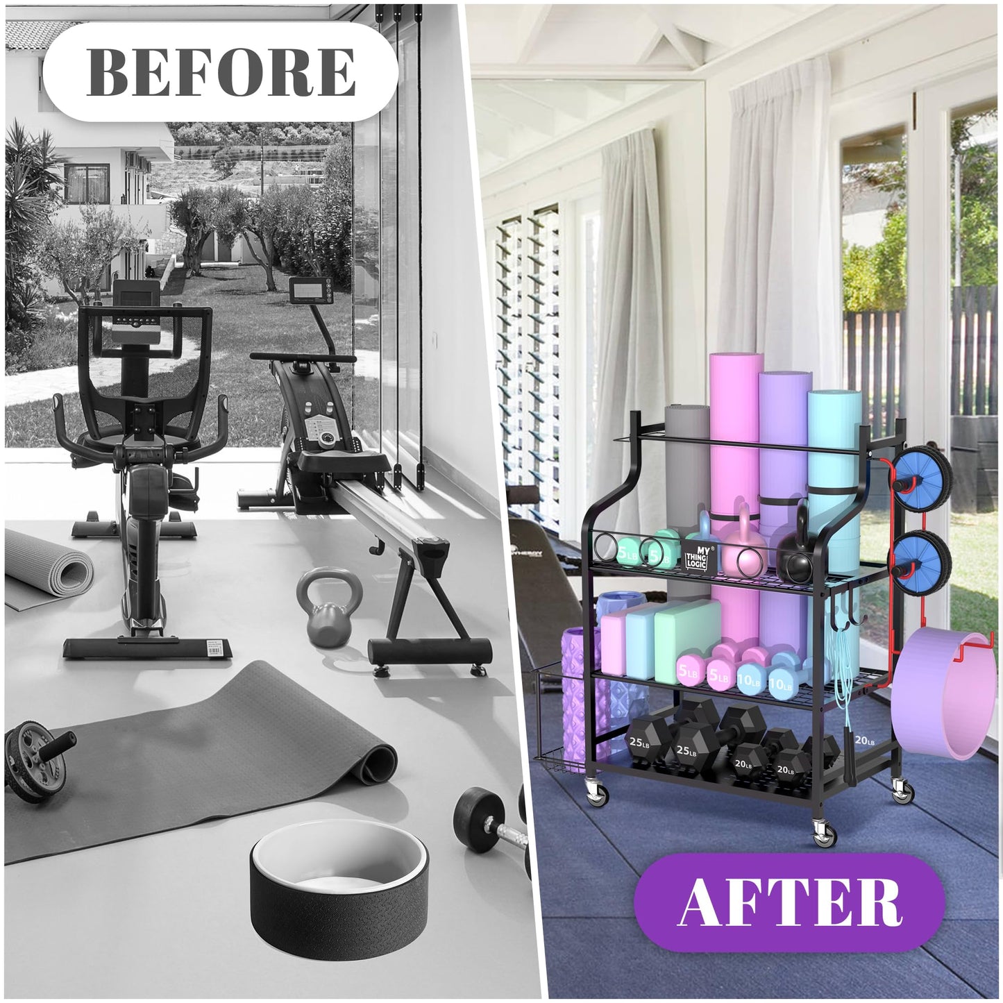 Mythinglogic Yoga Mat Rack, Yoga Mat Organizer for dumbbells, foam roller, kettlebell, and yoga block, home and gym storage shelf sports equipment display rack.