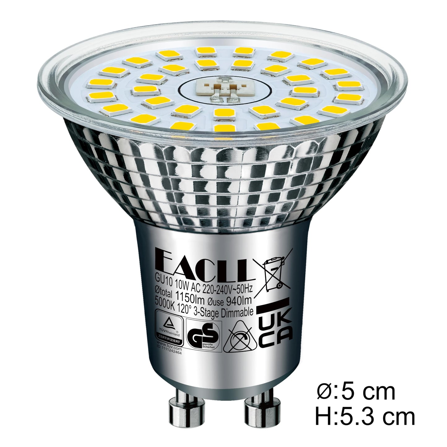 EACLL GU10 LED 5000K 10W 3-Stage Dimmable via Light Switch, 6-Pack, Daylight White 1150 Lumens Replaces 125W, 3 Brightness Levels with Memory Function, 3-in-1 Flicker-free Spotlight Bulb, Dimming without Dimmer.