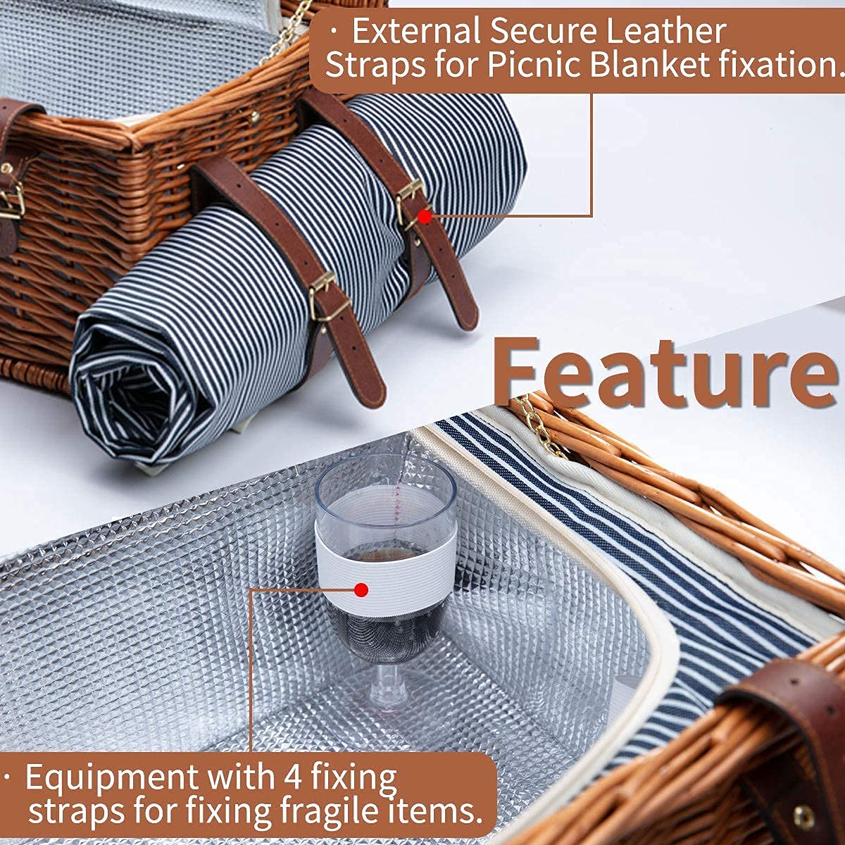 Willow picnic hamper for 4 with insulated cooler and waterproof blanket. Includes utensil set. Large willow picnic set for outdoor camping (Brown).