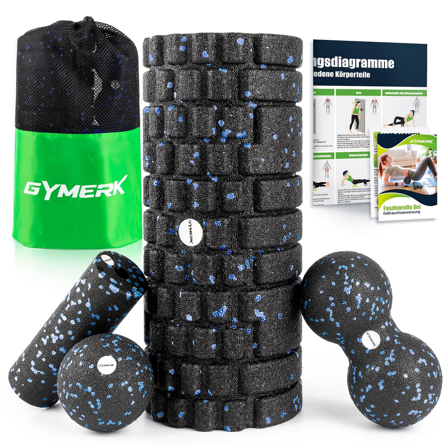 Fascia roller set with 3D texture massage. Includes instructions and poster in German. Carry bag. Yoga fascia set with fascia ball, small fascia roller, duo ball.