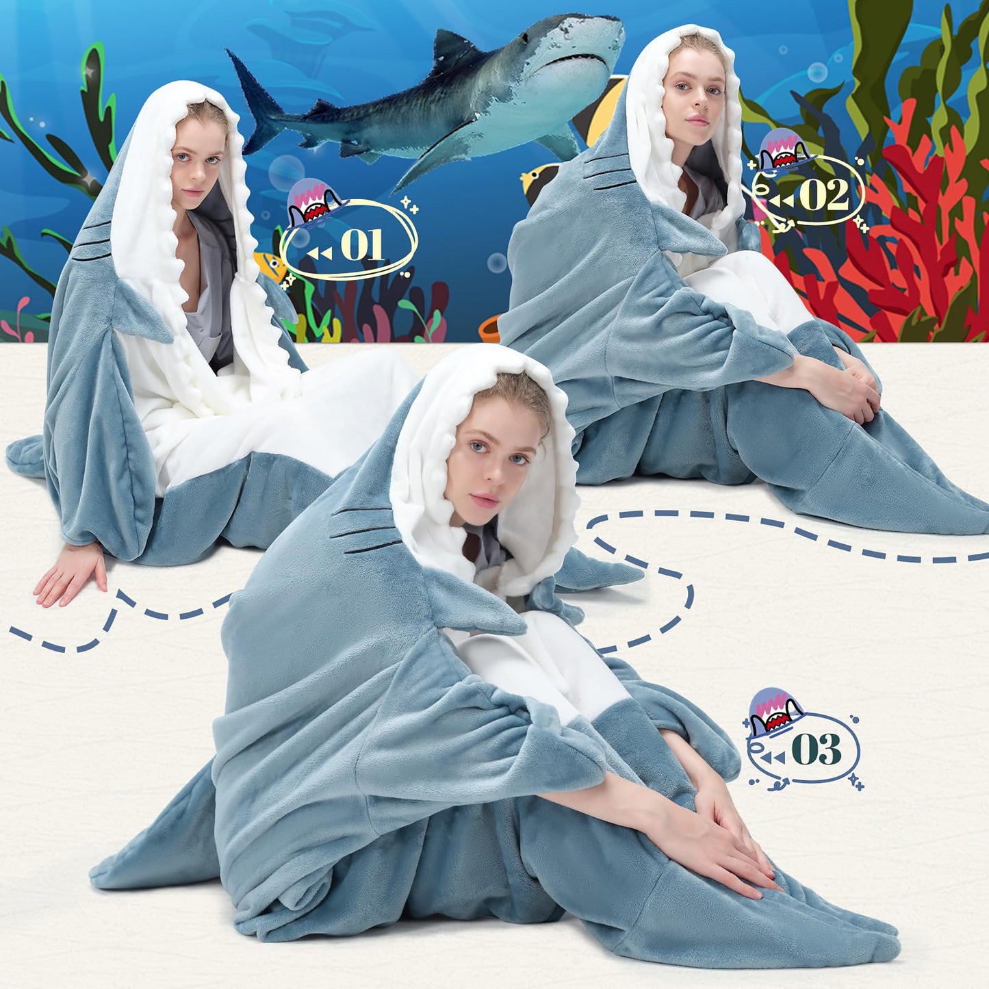 QUSLLIS Shark Blanket - Shark Blanket - made of super soft, cozy flannel with hood, shark tail, blanket hoodie, sleeping bag, portable blanket for adults and children - XL