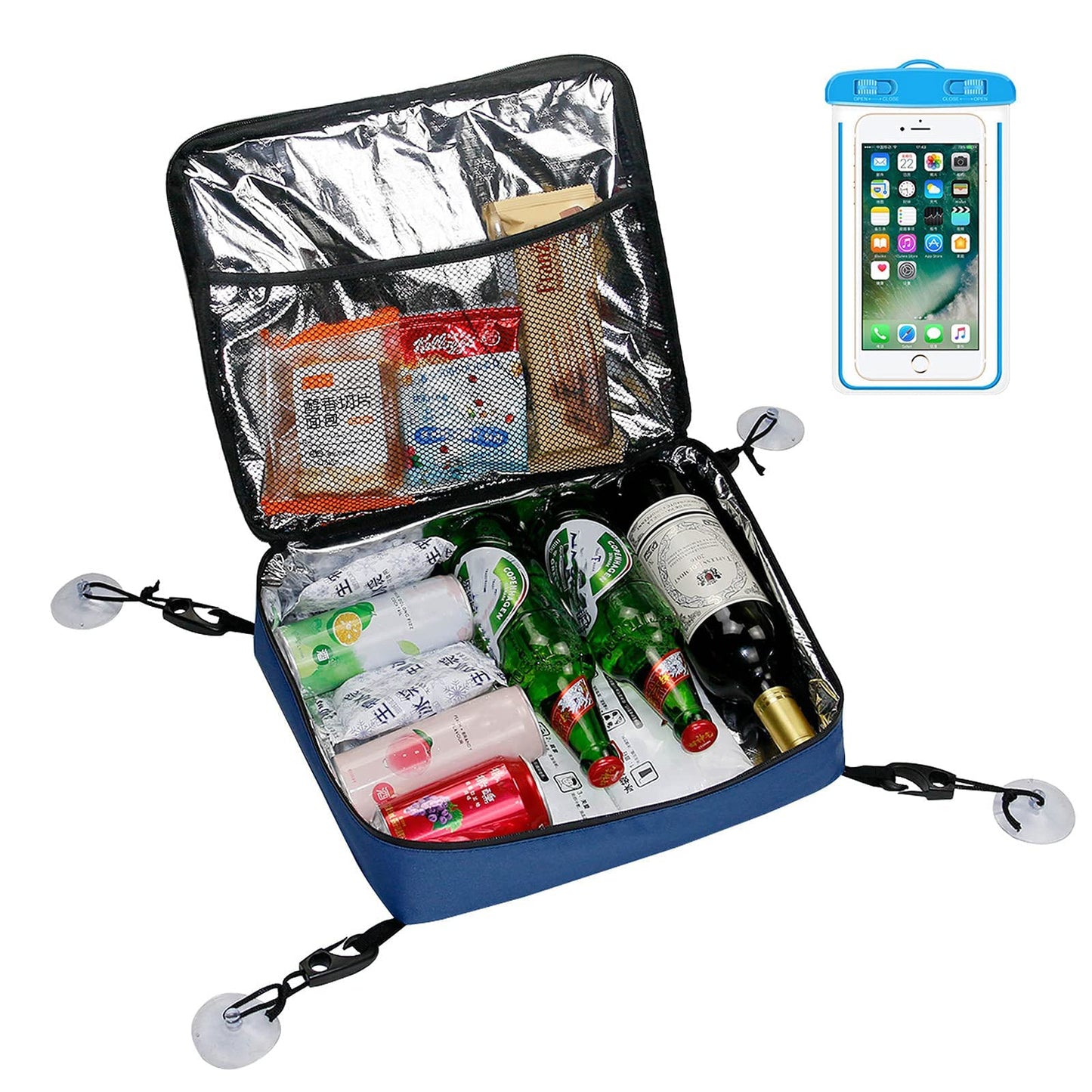Cooler deck bag (blue) with 11L capacity, waterproof phone pouch, mesh pocket on top, portable suction cup, zipper nylon fabric board bags deck accessory.