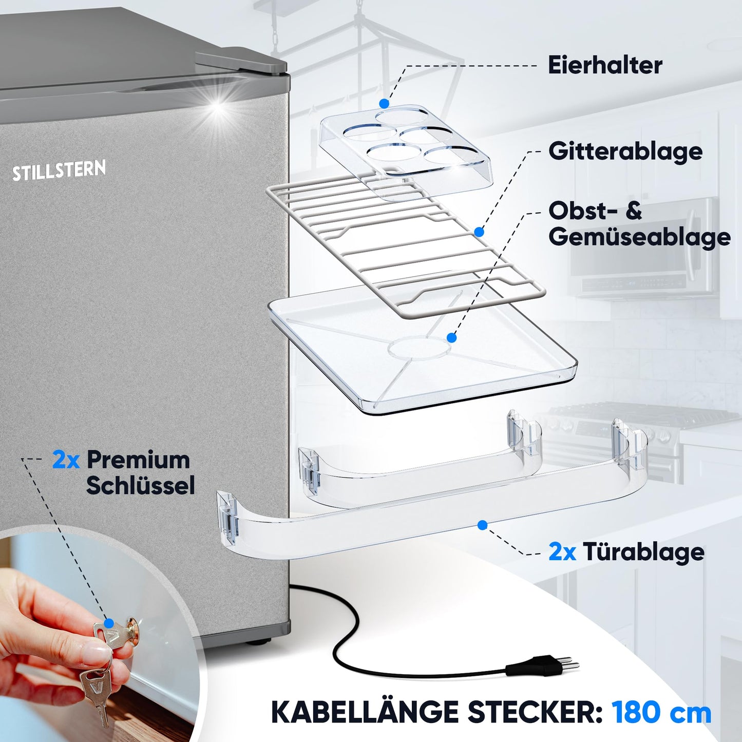 Silentstar Mini Fridge E 45L with automatic defrost, lock, freezer compartment, quiet, ideal for kitchen, office, bedroom, hotels and small apartments. Small fridge minibar drinks fridge silver.