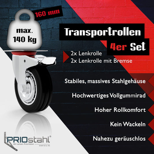 PRIOstahl Heavy Duty Caster Set 4 x 160mm with Brake up to 560kg Load Capacity Solid Rubber Swivel Casters Industrial Wheels for Workshop, Workbench, Tool Cart or Dolly.
