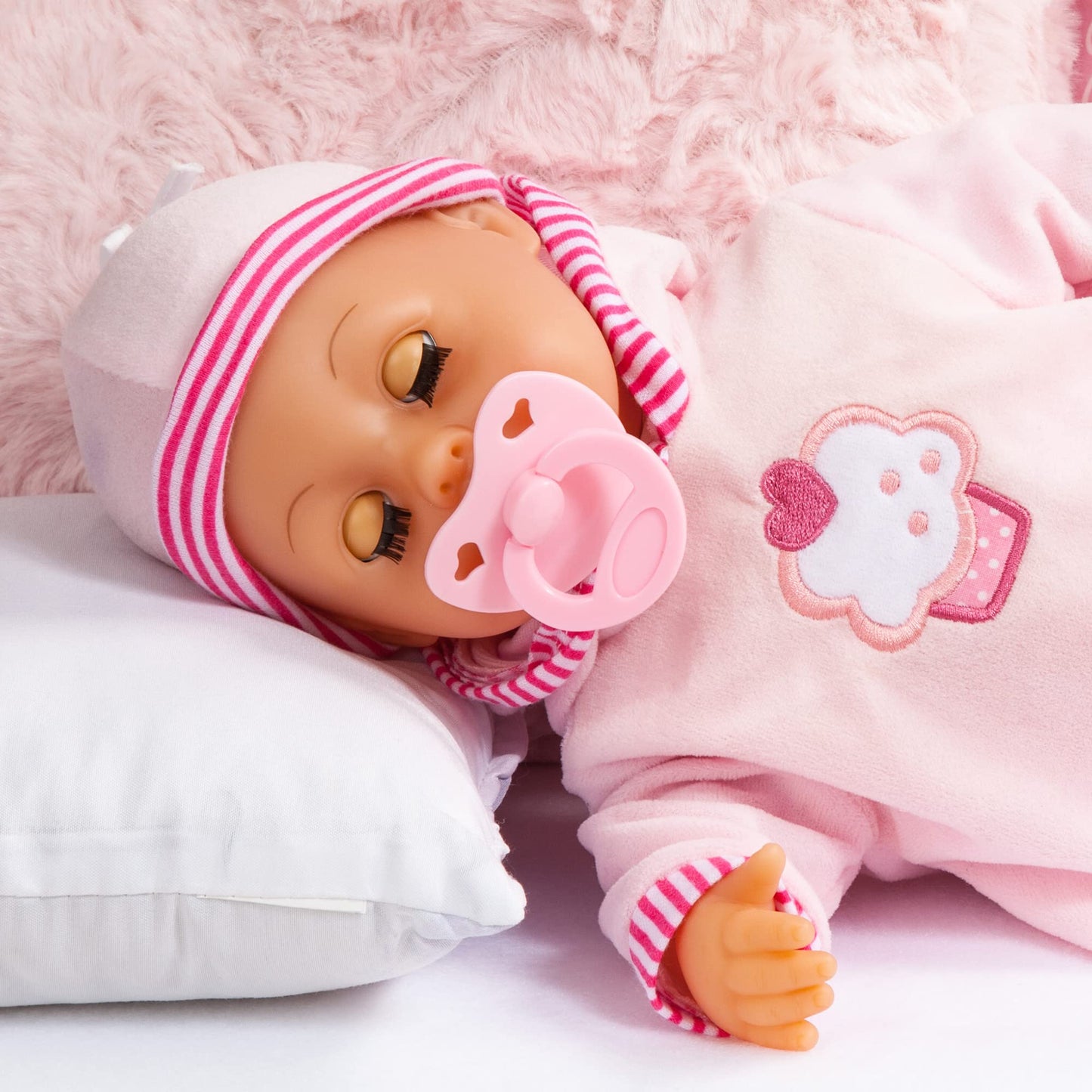 Baby doll First Words with sleeping eyes, speaks 24 baby sounds, comes with pacifier and bottle, 38 cm, pink/stripes.