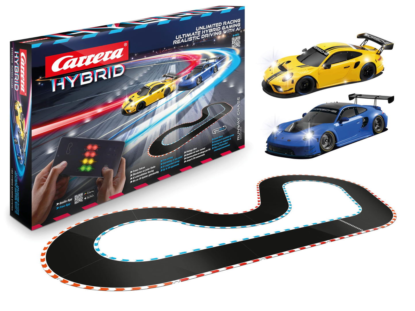 Carrera HYBRID Runway Chase - Next generation racing fun - Legendary Porsche 911 GT3 R in 1:50 scale - Hybrid technology with AI support - Smartphone app control - Amazon Exclusive