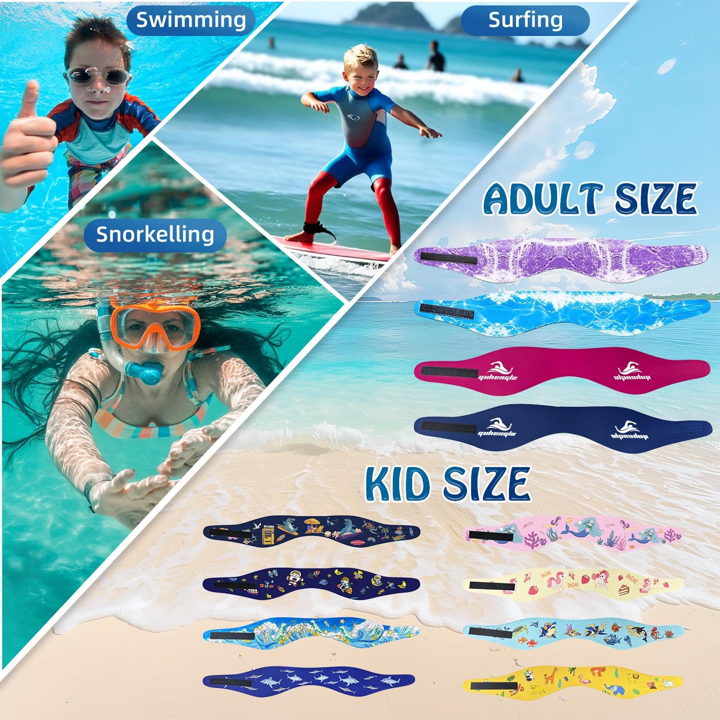 Swimming headband for adults - 2 pairs of swim earplugs & neoprene swim band, high elasticity & Velcro closure - waterproof headband hairband for diving, pool, showers, and water sports.