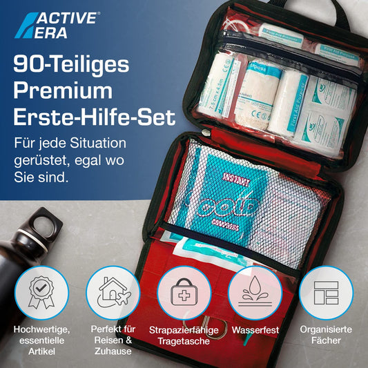 Active Era First Aid Kit, 90 piece premium first aid bag - first aid kit including instant cold packs, eye wash, bandages, rescue blanket for home, office - First Aid Kit ISO 13485