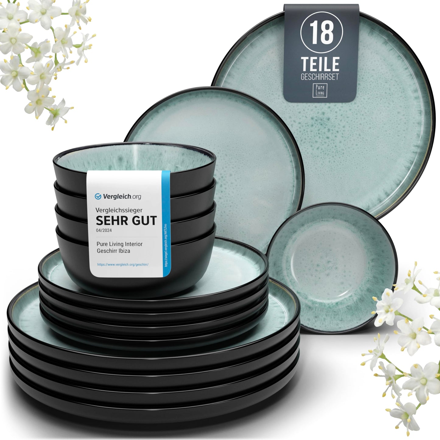 Stoneware dinnerware set for 6 people Ibiza 18 pcs. WINNER, Beautiful Mediterranean stoneware dinnerware set, bowl and plate set, tableware for 6 people, dinnerware sets Pure Living in Sage Green.