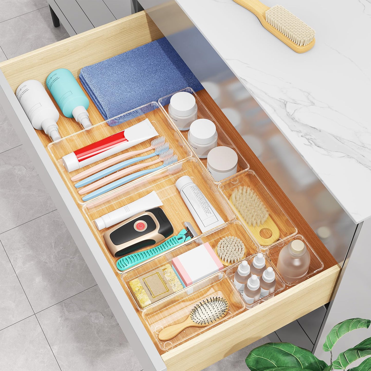 Radikor Drawer Organizer - 50 piece vanity organizer in 4 sizes, Makeup organizer, Drawer organization system for desk, office, kitchen, bathroom.