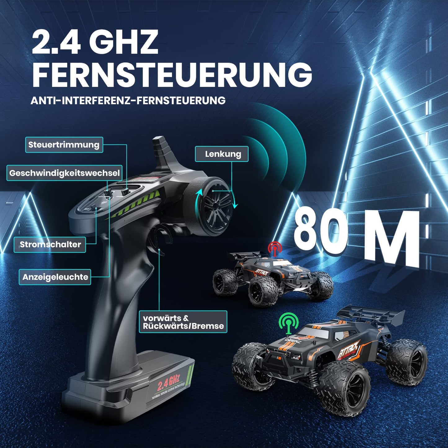DEERC 1:14 Scale Remote Control Car, 4WD RC Car 40km/h with LED lights, 2 batteries for 40 minutes of runtime, 2.4GHz remote control racing toy for adults and kids (9000E).
