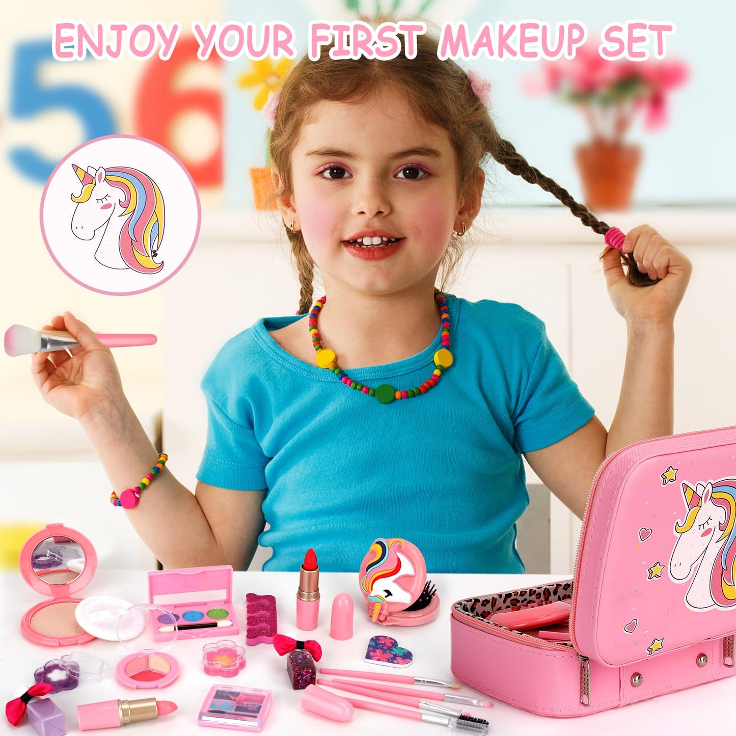 Flybay kids makeup set for girls, washable makeup for children, makeup case for girls, elementary school kids makeup kit, birthdays, Christmas gifts for kids 3, 4, 5, 6, 7, 8, 9, 10 years old.