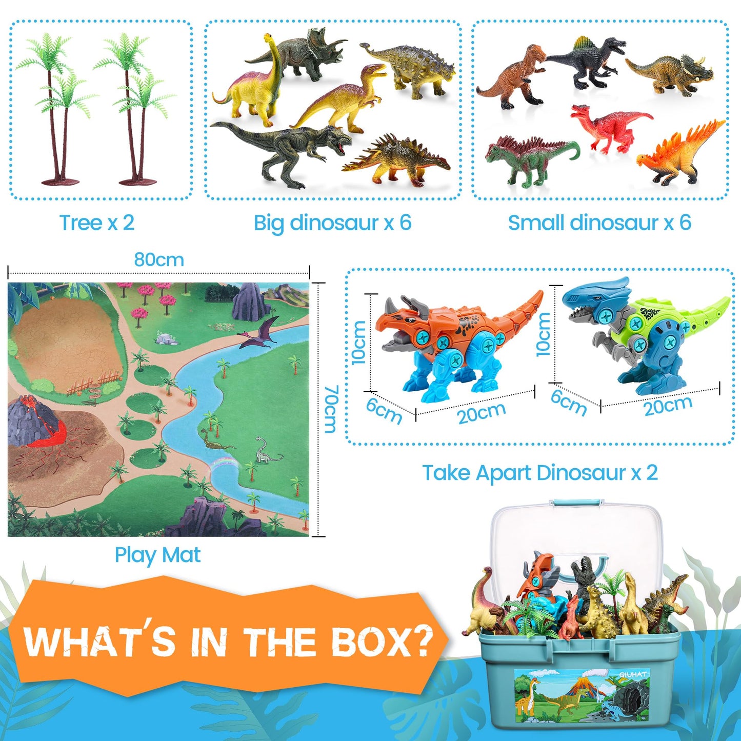 Glow in the dark Dinosaur Toy for ages 3 and up, Dinosaur figures and assembly Dino toys, Kids’ toy, Gift for boys girls, Storage box & play mat