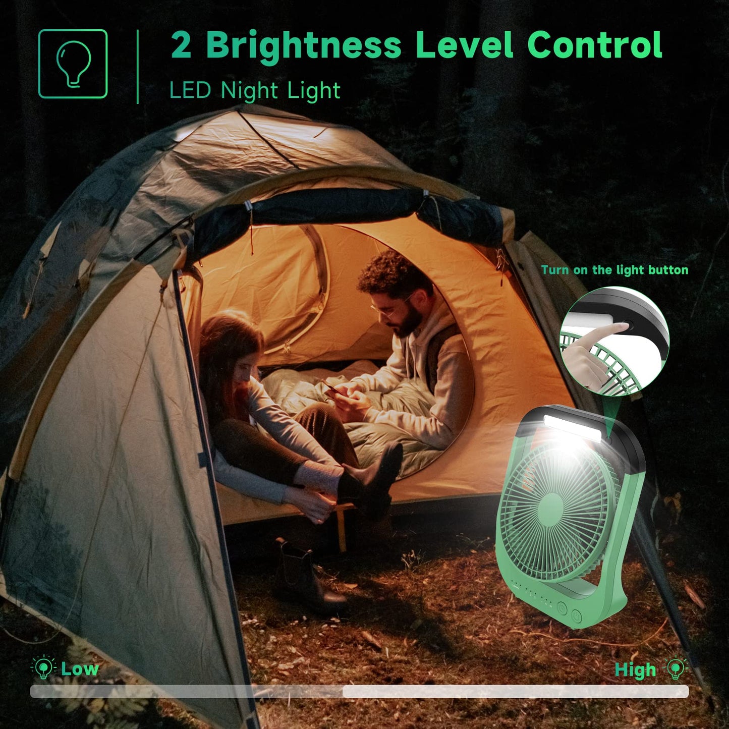 ATEngeus USB Fan, 10000mAh Battery Fan, 4-Speed Table Fan, 8" Camping Fan, 180° Rotation, LED Light, Timer, Portable Fan for Camping, Travel.