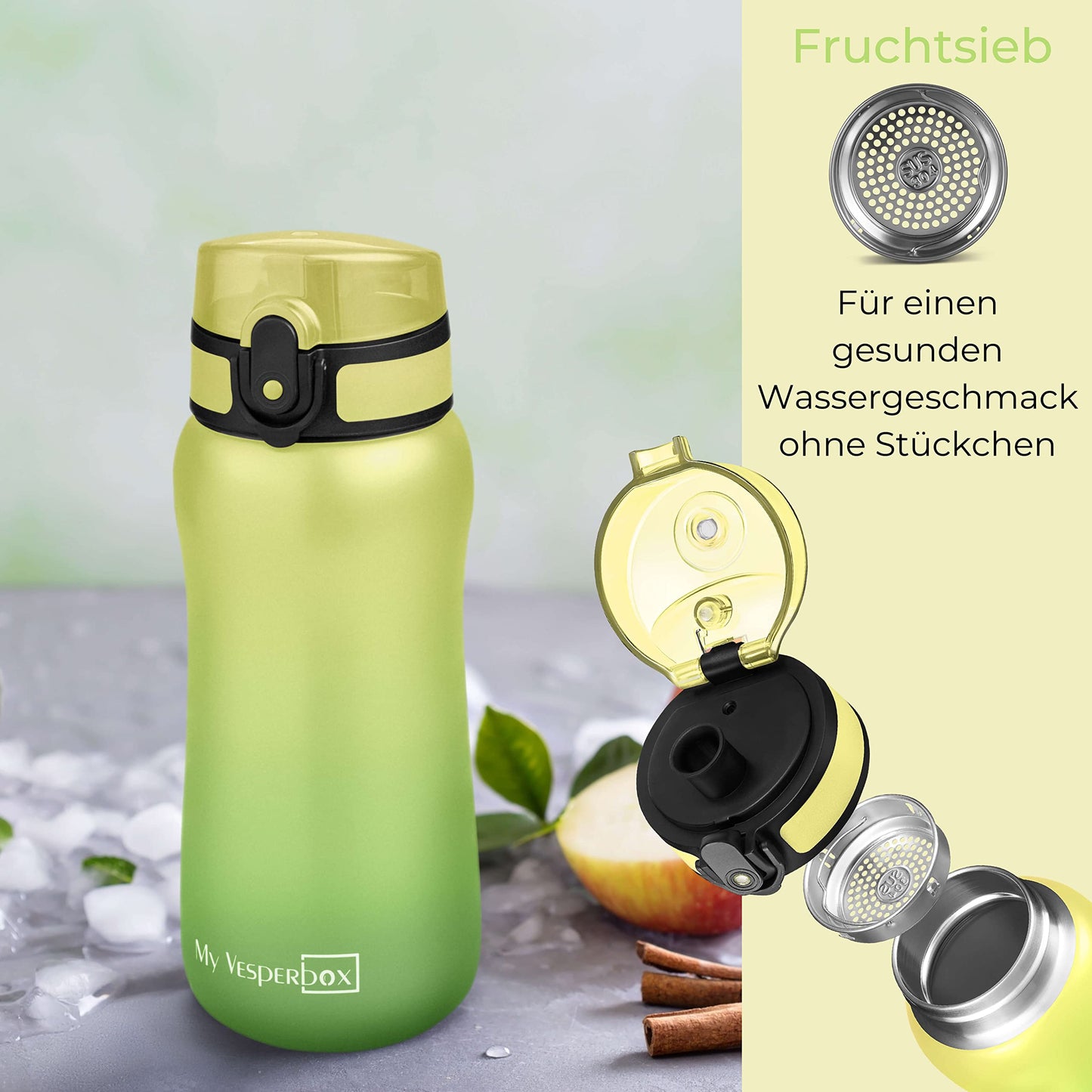 My Vesperbox - Thermo Minny - Stainless steel leak-proof water bottle with straw or sieve - 400ml, 600ml - Durable stainless steel water bottle for kids and adults - BPA free (Green - Yellow, 400ml)
