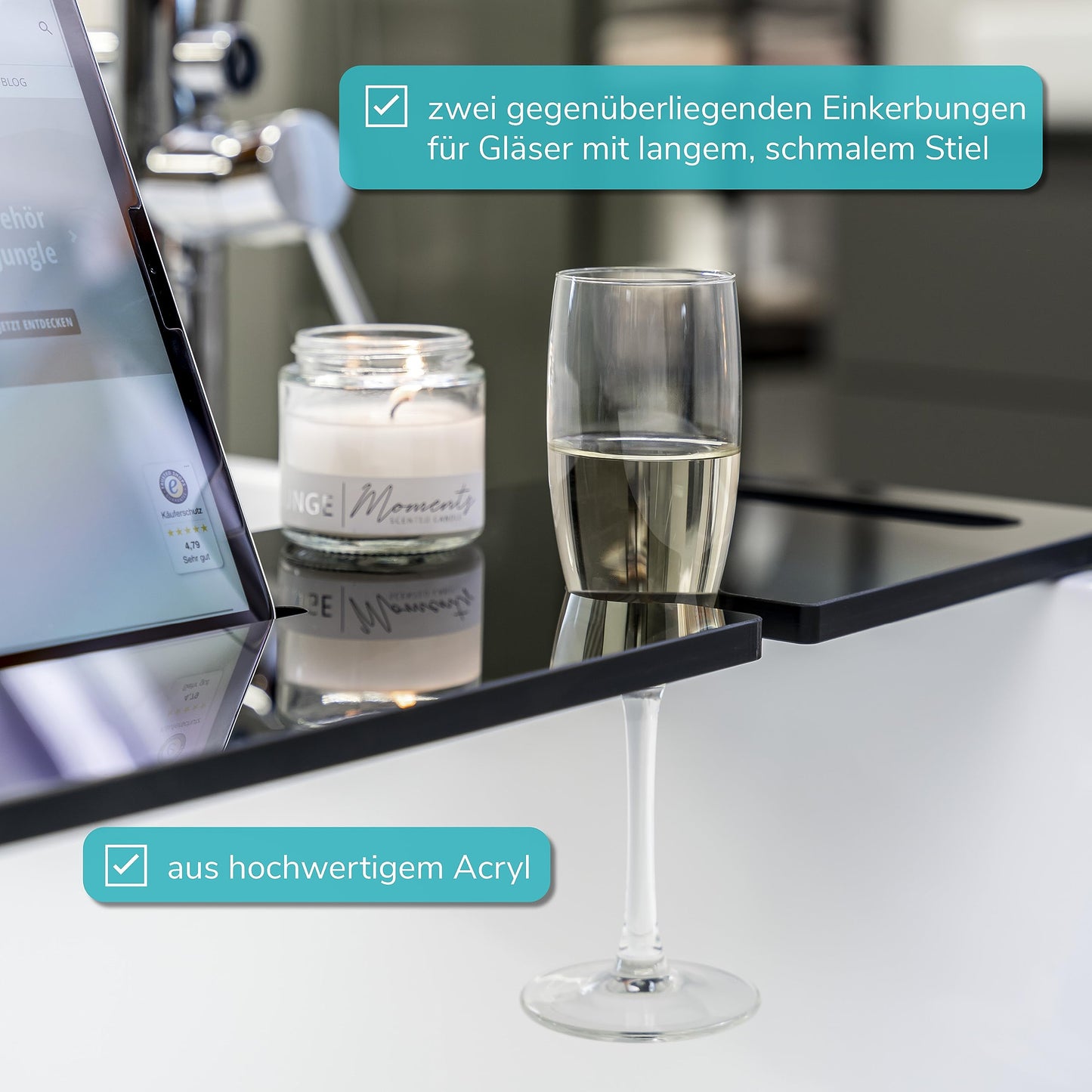 eluno acrylic bathtub caddy with drink holder and tablet slot, approximately 90 cm (black/high gloss)