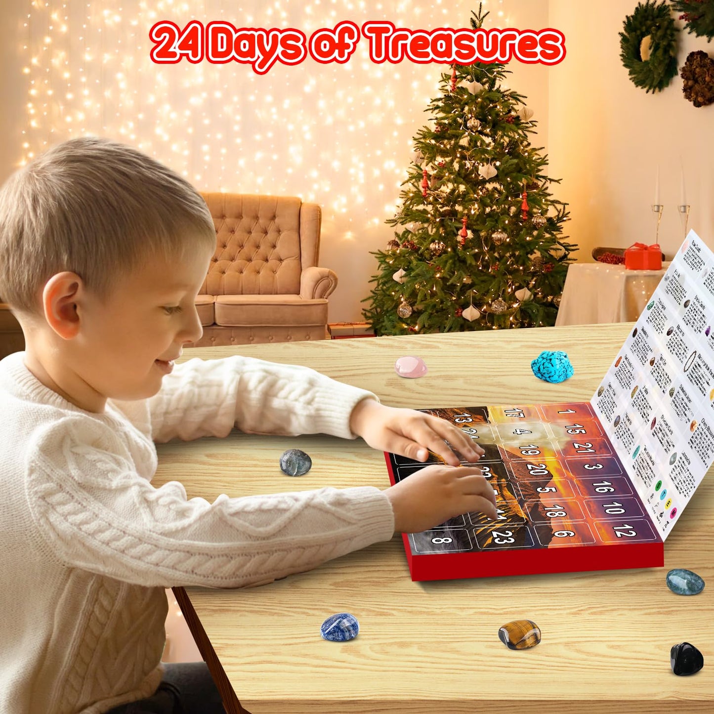 Advent calendar 2025 for kids: Crystals-24 day Christmas calendar with rocks and gemstones, gift idea for boys and girls geology enthusiasts.