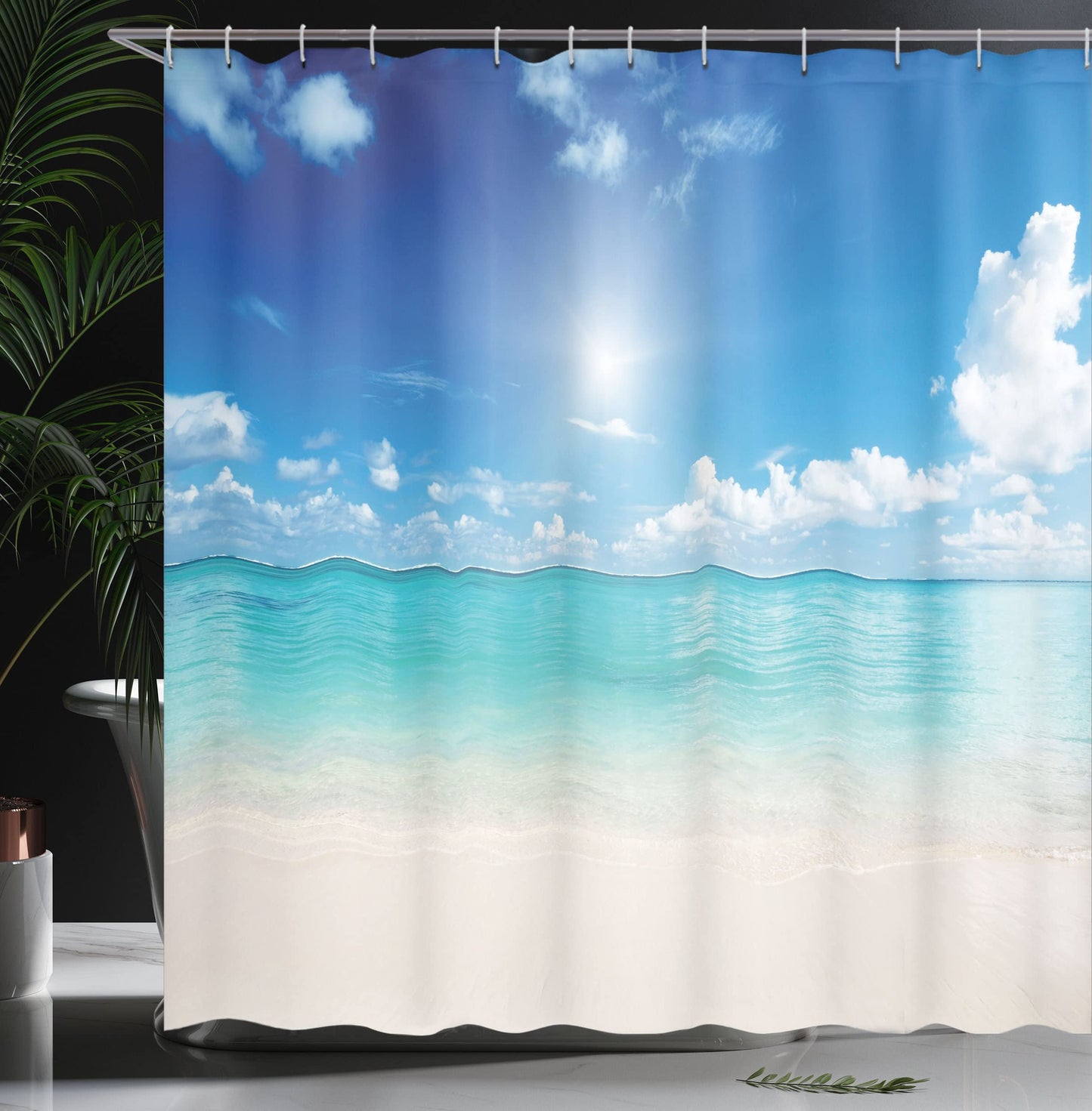 ABAKUHAUS Landscape Shower Curtain, Sky and Tropical Sea, with 12 Rings Set Stylish Modern Colorfast and Mold Resistant, 175x240 cm, Cream Turquoise White