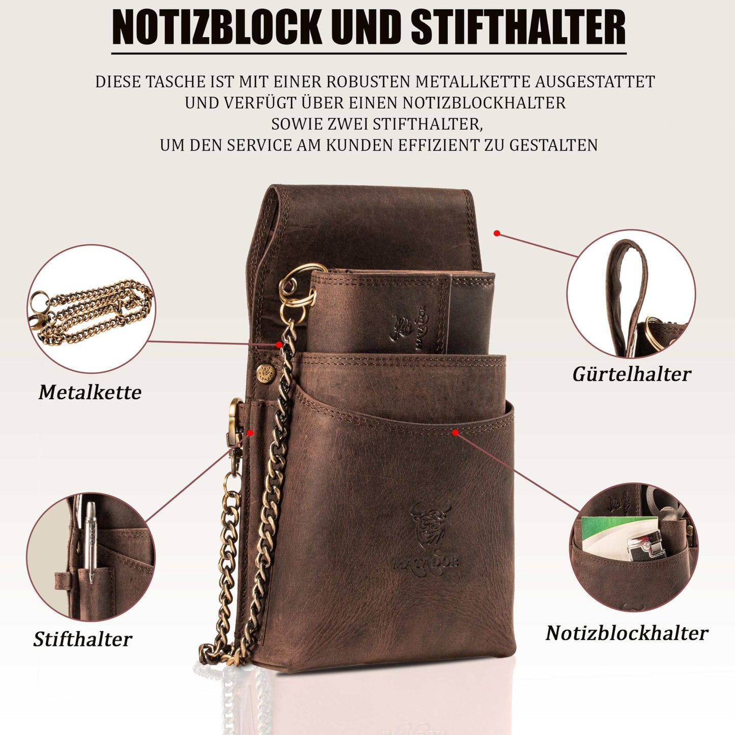 MATADOR waiter's purse leather #VICIO incl. XXL waiter bag with belt loop, luxury waiter wallet leather with elegant gift box and RFID protection incl. sturdy metal chain, Dark Brown