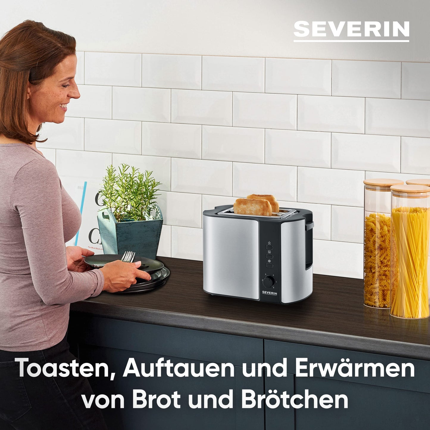 SEVERIN automatic toaster with bun warmer, high-quality stainless steel toaster for toasting, defrosting, and warming, 800 W, stainless steel brushed/black, AT 2589
