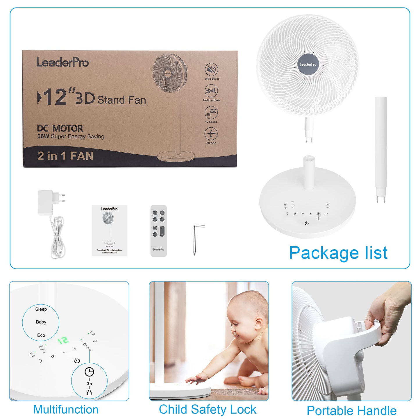 2in1 DC Motor Stand Fan - Quiet Fan 12.8dB 3D Oscillating with Remote Control/Energy Saving/Turbo Air Circulator Room Fan