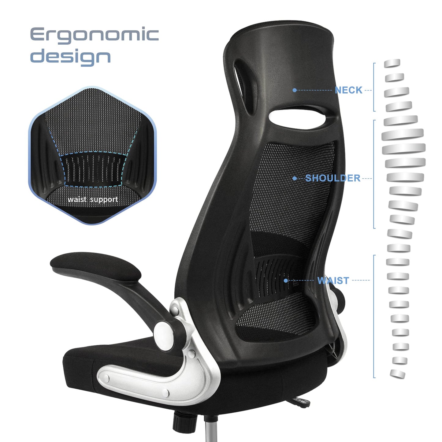 IntimaTe WM Heart Office Chair Ergonomic, Desk Chair with Foldable Armrests, Headrest and Lumbar Support, Mesh Executive Chair with Wheels, Black