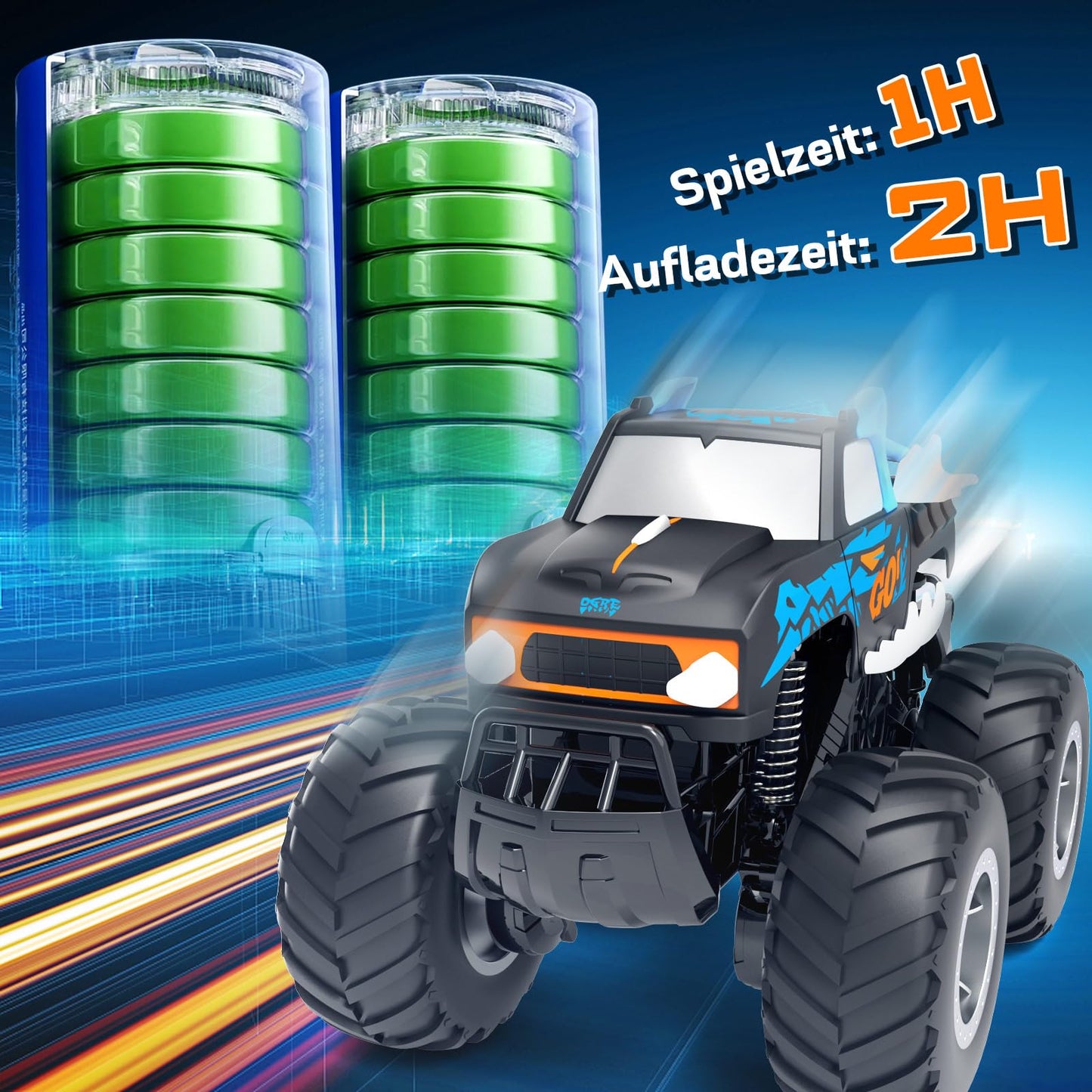 Gindoly Remote Control Car, 2.4 GHz Remote Control Monster Truck, 4WD 15+ km/h Hobby Offroad RC Car, Waterproof Terrain Vehicle with 2 Batteries, Toy for Kids aged 6-12 years.