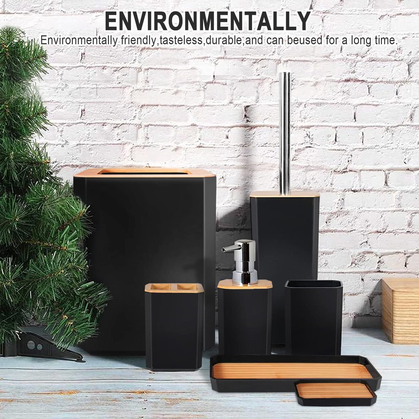 Serlium 7-Piece Bathroom Accessory Set, Bamboo ABS Toothbrush Cup Set, Soap Dispenser Set with Lotion Pump, Trash Can, Toothbrush Holder, Toilet Brush, and Soap Dish for Home Hotel